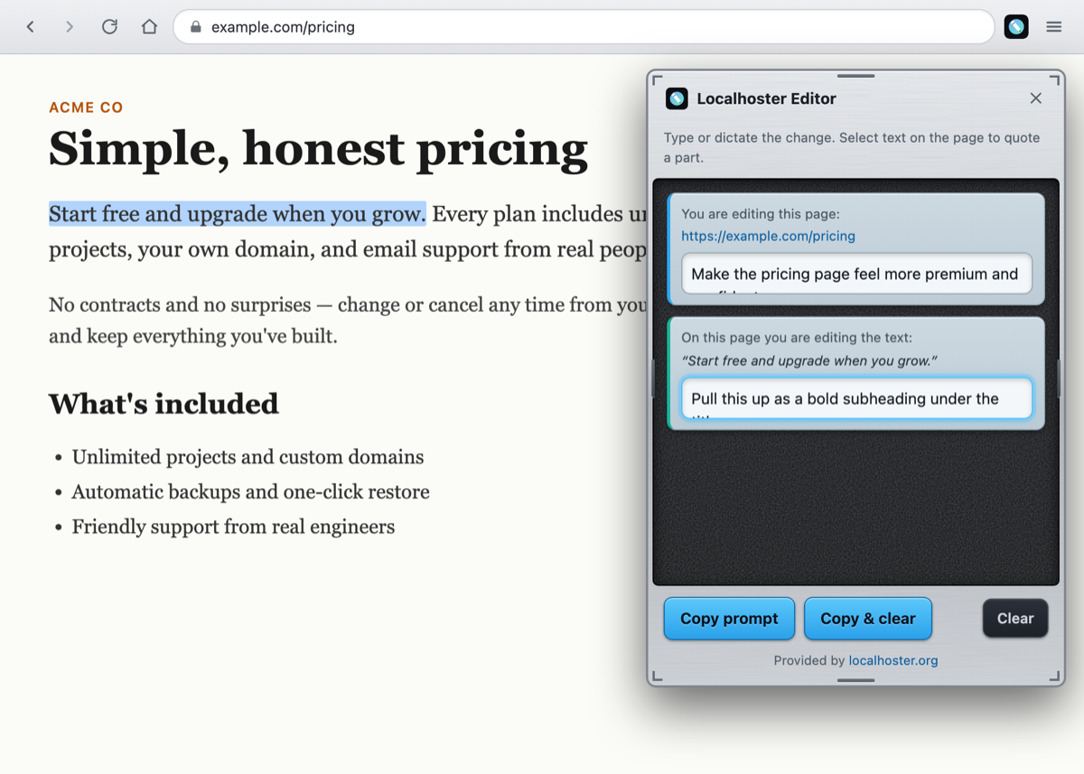 The sitehoster editor panel open over a sample web page, with an overall instruction and a quoted selection from the page.